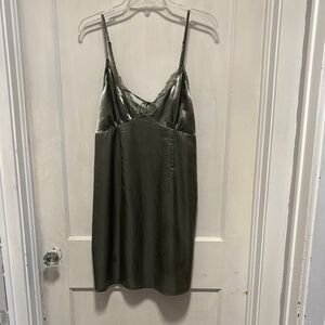 Elegant Olive Hunter Green Satin Slip Satin Mini Dress with Lace  Medium